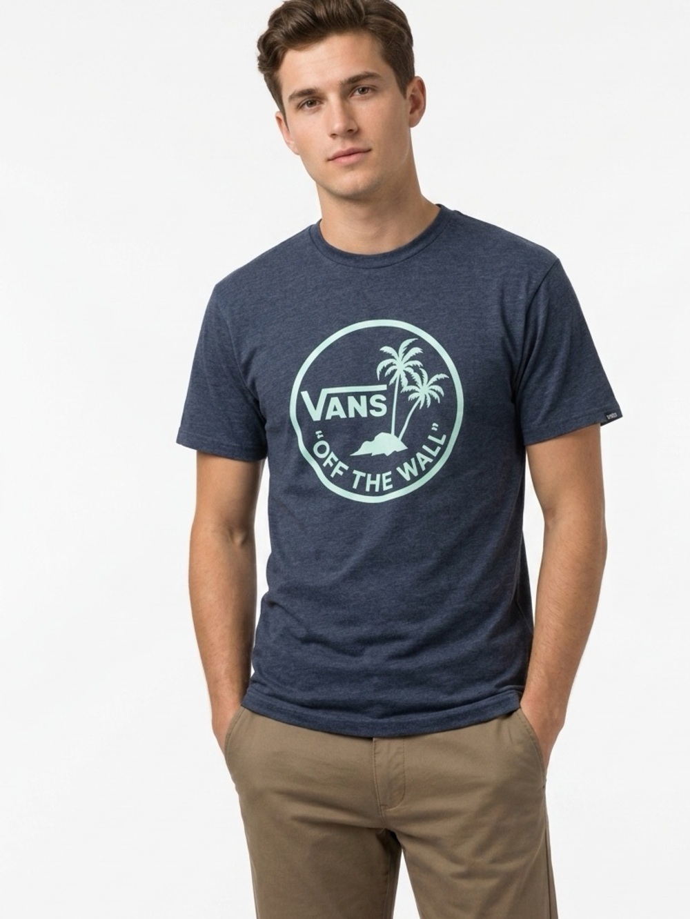 Vans Graphic Tee 50/50 Heather Navy Palm Tree Circle Logo Skatecore Small